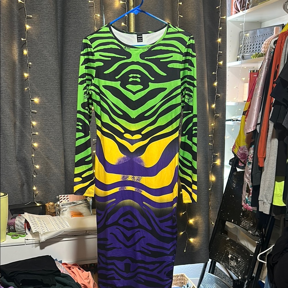 No.233 SHEIN Green and Purple Long Sleeve Bodycon Dress